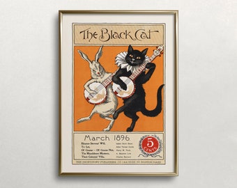 Lámina artística vintage de gato tocando el banjo: Música animal caprichosa (Descarga digital)