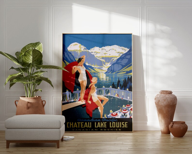May include: Vintage travel poster advertising Chateau Lake Louise in the Canadian Rockies. The poster features a blue and green landscape with mountains, a lake, and two people in swimsuits. The text on the poster reads "Canadian Pacific Chateau Lake Louise Canadian Rockies".