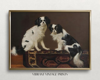 Japanese Chin Dogs | Vintage Wall Art | Dog Portrait | Dark Moody Colors | Antique Wall Decor | Digital DOWNLOAD | PRINTABLE Wall Art #440