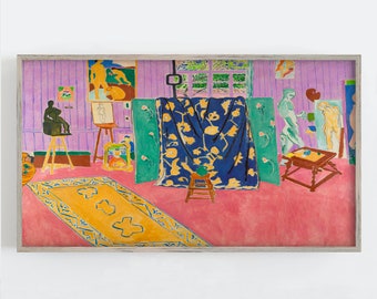 May include: A painting depicting an artist's studio with a purple and pink color scheme. The studio features a large blue patterned curtain, a wooden easel, a yellow rug, and a small table with a vase of flowers.