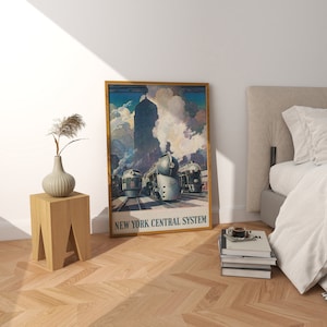 May include: A vintage poster featuring a New York Central System train with three locomotives. The poster is framed in gold and has a blue, gray, and white color scheme. The text "New York Central System" is printed at the bottom of the poster.