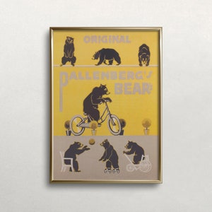 Op de afbeelding: Een ingelijste vintage poster met een geel en grijs kleurenschema. De poster toont illustraties van beren in verschillende poses, waaronder fietsen en rolschaatsen. De tekst "ORIGINAL BALLENBERG'S BEAR" staat bovenaan.