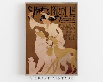 Art Nouveau Woman and Dogs Print: Vintage Muted Colors (Digital Download)