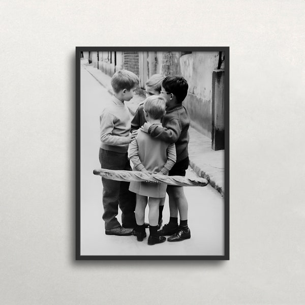 Little Boys in Paris, Black and White Art, Vintage Wall Art, Old Photo, Boy With Baguette, Little Gang, DIGITAL DOWNLOAD, PRINTABLE Wall Art