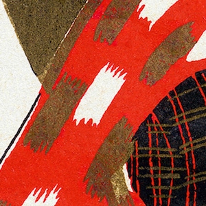 K&ouml;nnte beinhalten: Abstrakte Kunstkomposition mit einem leuchtend roten Hintergrund, wei&szlig;en und goldenen Pinselstrichen und einem schwarz-goldenen Karomuster. Das Kunstwerk hat ein strukturiertes Aussehen. Nahaufnahme.