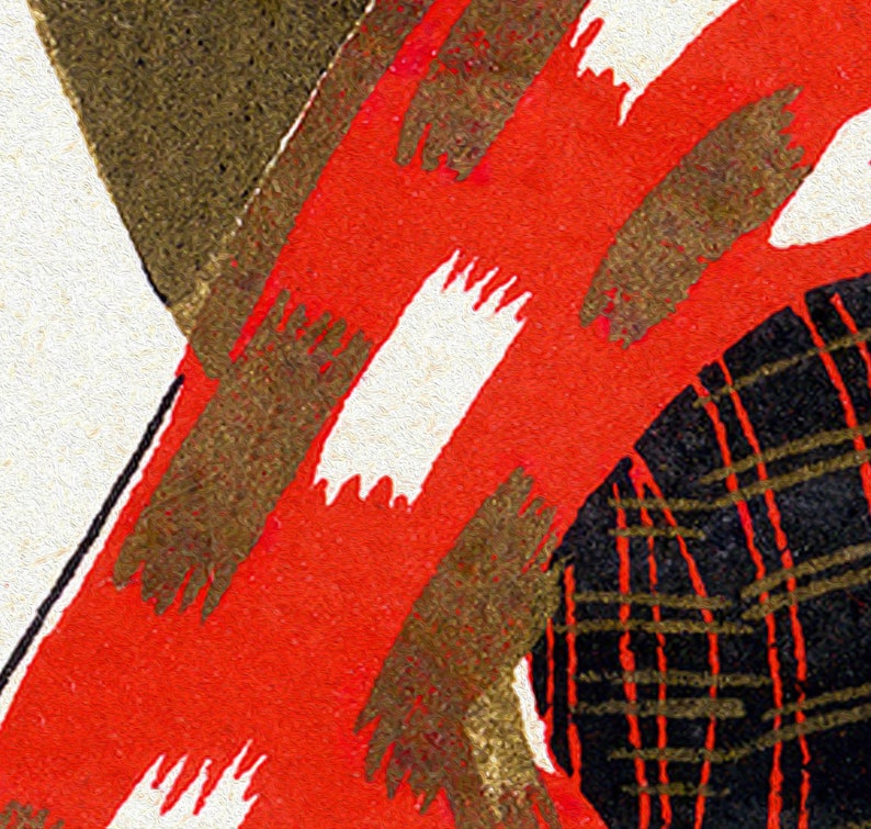 K&ouml;nnte beinhalten: Abstrakte Kunstkomposition mit einem leuchtend roten Hintergrund, wei&szlig;en und goldenen Pinselstrichen und einem schwarz-goldenen Karomuster. Das Kunstwerk hat ein strukturiertes Aussehen. Nahaufnahme.