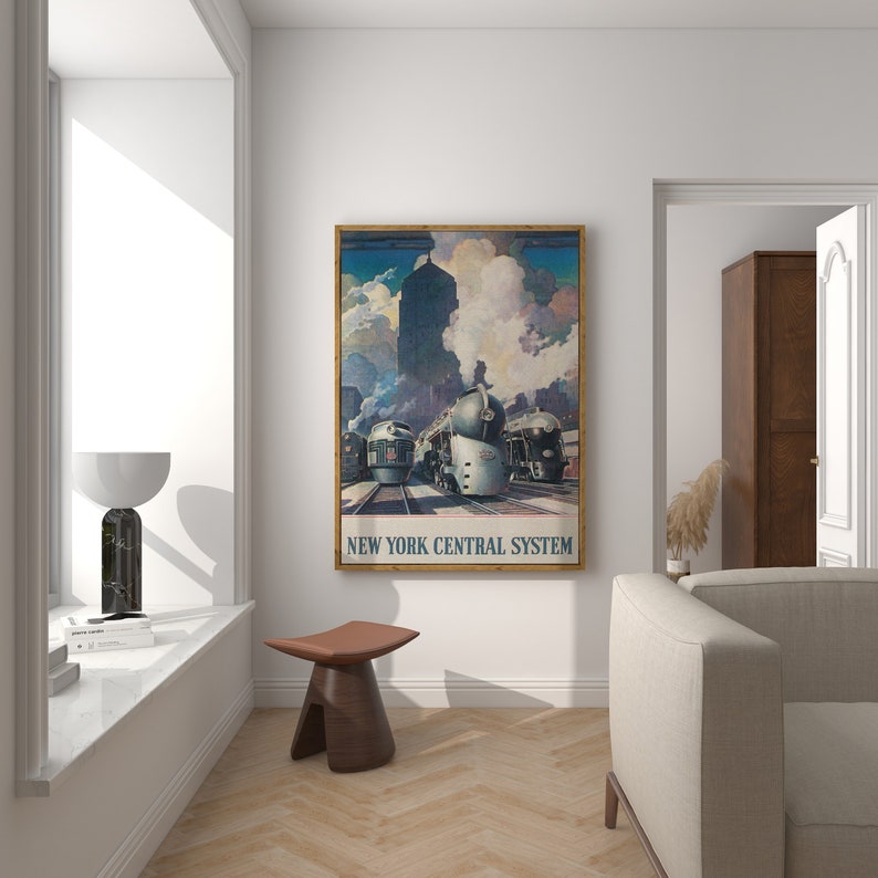 May include: A vintage poster with a framed image of three steam locomotives traveling on train tracks. The poster has the text "NEW YORK CENTRAL SYSTEM" at the bottom.