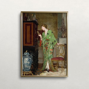 女性の肖像画 | ヴィンテージ ウォール アート | 緑の着物 | アンティーク ウォール デコレーション | ヴィンテージ ファッション アート | デジタル ダウンロード | 印刷可能なウォール アート #449