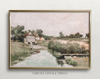 Pintura de paisaje de granja / Paisaje neutro apagado / Arte de pared vintage / Decoración de pared antigua / DESCARGA DIGITAL / Arte de pared imprimible n.° 436