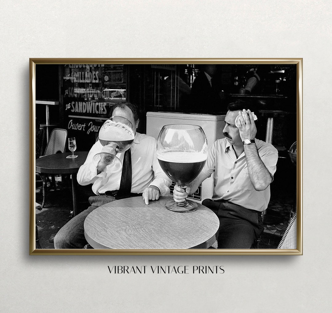 Men Drinking Beer, Black and White Art, Vintage Wall Art, Giant Beer