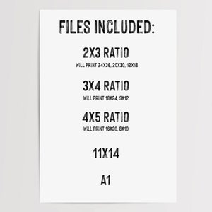 Pu&ograve; includere: Un'immagine in bianco e nero con il testo "FILES INCLUDED:" in alto. Sotto il testo ci sono diverse dimensioni di file e le loro dimensioni di stampa corrispondenti. Le dimensioni dei file sono 2x3 ratio, 3x4 ratio, 4x5 ratio, 11x14 e A1.