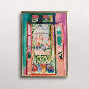May include: An oil painting in a gold frame depicting an open window looking out onto a harbor with sailboats. The scene features vibrant colors including teal, pink, red, and green, with potted plants on the sill and a view of the sea beyond.