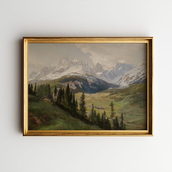 Vintage Mountain Landscape Art Print, Alpine Valley Art, Rustic Cabin Wall Decor, PRINTED Art, Unframed Art Print