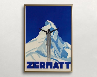 Póster de esquí vintage, lámina de Zermatt, Suiza, arte mural de invierno, decoración art déco, descarga digital, arte mural imprimible.