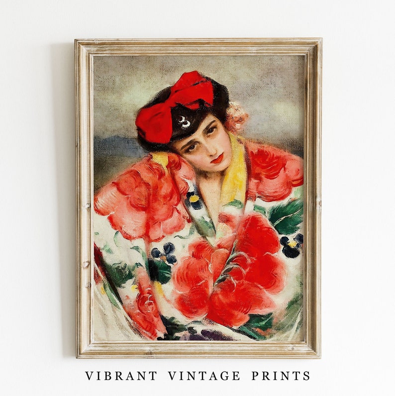May include: A vintage painting of a woman wearing a red bow and a floral patterned robe. The woman is looking to the side and has a serious expression on her face.