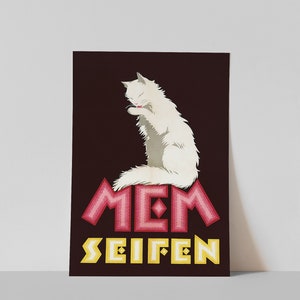 May include: A poster featuring a white cat grooming itself, set against a dark maroon background. The poster includes the text "MEM SEIFEN" in pink and yellow, with a decorative, geometric font. The cat is the central focus.