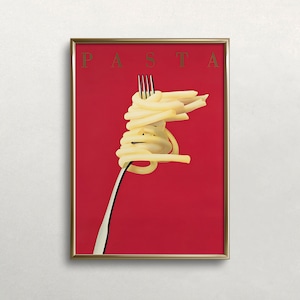 May include: A gold framed poster with a red background and the word "PASTA" in gold letters. A fork with a large amount of spaghetti wrapped around it is in the center of the poster.
