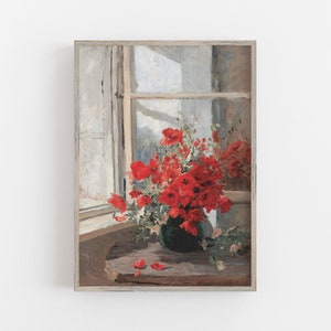 Arte de amapolas rojas / Arte de pared vintage / Decoración de pared antigua / Decoración de granja moderna / Impresión de flores rojas / DESCARGAR / Arte de pared imprimible n.° 182