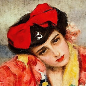 May include: A woman with dark hair wears a red and black hat with a bow. She is wearing a red and yellow patterned blouse and has a wistful expression on her face.