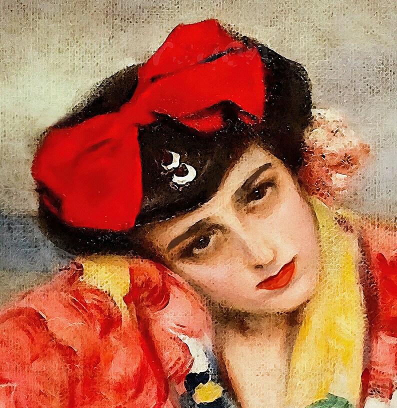 May include: A woman with dark hair wears a red and black hat with a bow. She is wearing a red and yellow patterned blouse and has a wistful expression on her face.