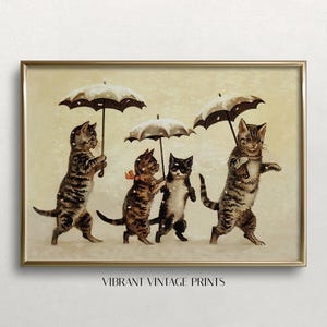 Vintage Cats with Umbrellas Print: Tabby Cat Family in Snow (Digital Download)
