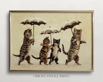 Stampa vintage di gatti con ombrelli: famiglia di gatti tigrati nella neve (download digitale)
