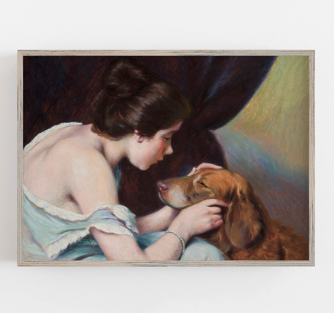 Woman and Dog Art: Vintage Art, Muted Neutral Colors, 19th Century ...