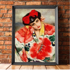 May include: A painting of a woman wearing a red and white floral kimono with a red bow in her hair. The woman is looking down and her expression is melancholic.