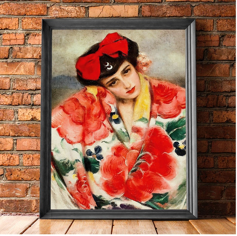 May include: A painting of a woman wearing a red and white floral kimono with a red bow in her hair. The woman is looking down and her expression is melancholic.