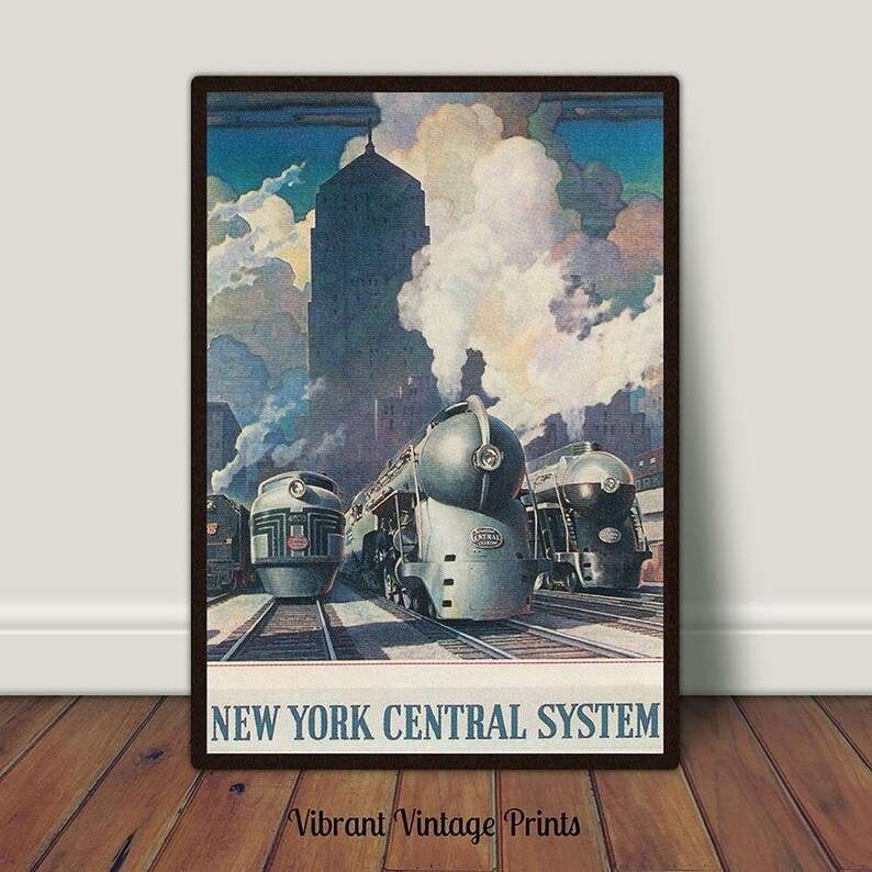 May include: Vintage poster featuring a New York Central System train with three locomotives in front of a tall building and a cloudy sky. The poster reads "New York Central System".