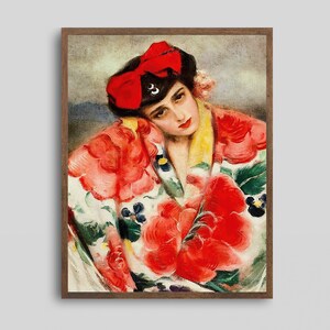 May include: A painting of a woman wearing a red and white floral patterned kimono with a red bow in her hair. The woman is looking down and her expression is melancholic.