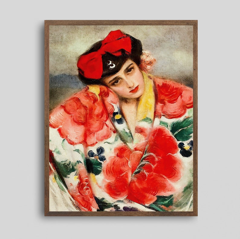 May include: A painting of a woman wearing a red and white floral patterned kimono with a red bow in her hair. The woman is looking down and her expression is melancholic.