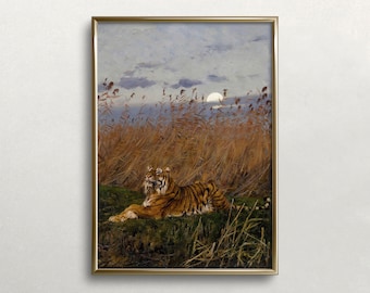 Vintage Tiger Painting, Moody Dark Academia Wall Art (Digital Download)