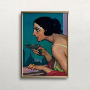Mujer con pistola / Arte mural oscuro y melancólico / Retrato vintage de mujer / Arte mural ecléctico / Decoración de pared maximalista / Arte mural imprimible n.° 269 imagen 1