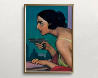 Mulher com uma arma | Arte de parede sombria e sombria | Retrato de mulher vintage | Arte de parede eclética | Decoração de parede maximalista | Arte de parede para impressão nº 269