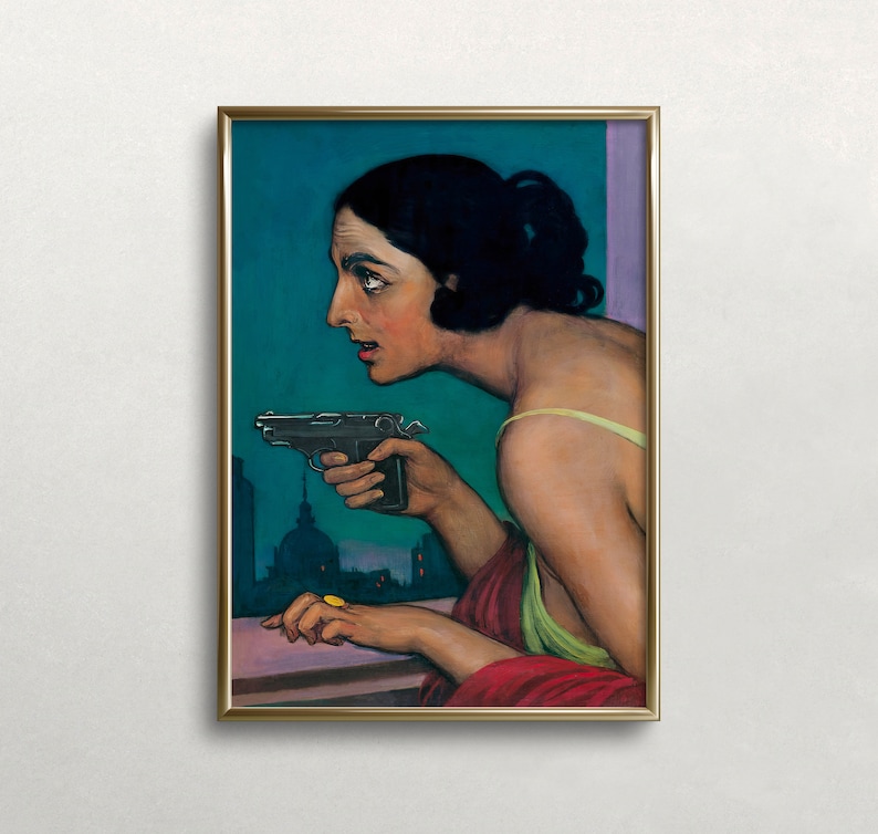 Mujer con pistola / Arte mural oscuro y melancólico / Retrato vintage de mujer / Arte mural ecléctico / Decoración de pared maximalista / Arte mural imprimible n.° 269 imagen 1