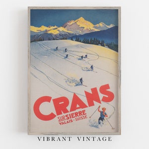 Crans Switzerland Print, pôster retrô de esqui, esquiadores, Crans-Montana, pôster retrô de viagem, DOWNLOAD DIGITAL, arte para impressão, arte de parede grande