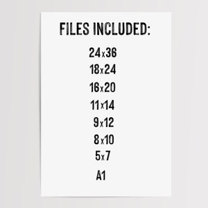 May include: White poster with the text "FILES INCLUDED:" followed by a list of print sizes: 24x36, 18x24, 16x20, 11x14, 9x12, 8x10, 5x7, and A1. The text is in a bold, black font.