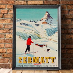Puede incluir: P&oacute;ster vintage de viaje para Zermatt, Suiza, con un esquiador con ropa roja sobre un fondo de monta&ntilde;a nevada. El p&oacute;ster incluye el texto "Zermatt, Suiza" y "Matterhorn - Riffelalp - Riffelberg - Gornergrat - Blauherd - 5310-10280 ft."