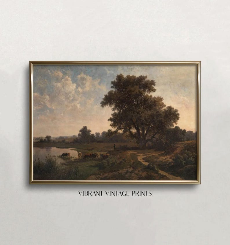 Vintage-Landschaftskunstdruck: Stimmungsvolle Landschaftskunst, Kühe in der Landschaft, Ländliche Szene, Druckbares Wandbild (Digitaler Download) Bild 8