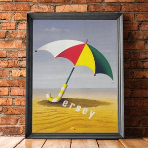 May include: Framed art print depicting a vibrant umbrella with white, red, yellow, and green segments. The umbrella is positioned on a beach, with the word "Jersey" in white text. The artwork is enclosed in a black frame.