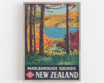 Póster vintage de viaje a Nueva Zelanda, Marlborough Sounds Art (descarga digital)