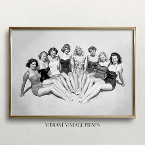Vintage Beach Print: Women in Swimwear, Black and White Art (Digital Download)