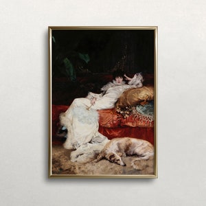 May include: A painting of a woman in a white dress reclining on a red and gold couch with a dog at her feet. The woman is wearing a white dress with a fur trim and a crown of flowers. The dog is a greyhound with a long, slender body.