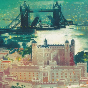 May include: A vintage illustration of the Tower of London and Tower Bridge in London, England. The illustration is painted in a watercolor style with a green and blue background. The Tower Bridge is in the background with its drawbridge raised. The Tower of London is in the foreground with its walls and towers visible.