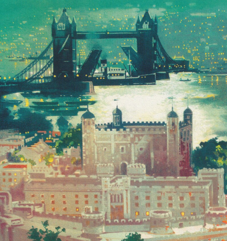 May include: A vintage illustration of the Tower of London and Tower Bridge in London, England. The illustration is painted in a watercolor style with a green and blue background. The Tower Bridge is in the background with its drawbridge raised. The Tower of London is in the foreground with its walls and towers visible.