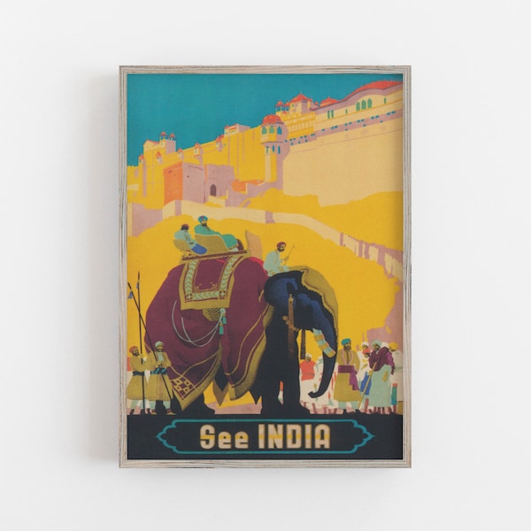 India Wall Art, Elephant Print, Vintage Wall Art, See India Travel Print, Elephant Wall Art, DIGITAL DOWNLOAD, PRINTABLE Wall Art
