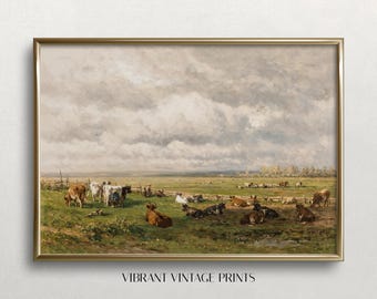 Cows in Field Vintage Oil Painting Print: Farmhouse Landscape (Digital Download)