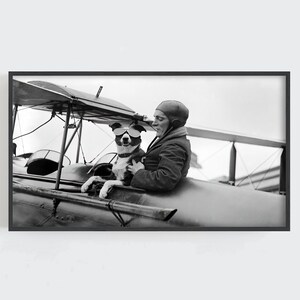 Peut inclure: Photographie encadr&eacute;e en noir et blanc d'un biplan avec une personne et un chien portant des lunettes de soleil. La personne porte un casque et une veste en cuir. Le chien est assis dans le cockpit.