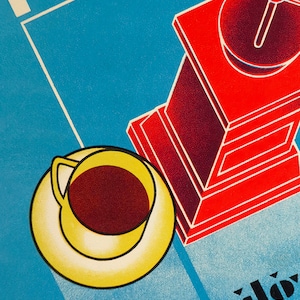 May include: A yellow cup with a red interior filled with brown liquid sits on a yellow saucer. The cup and saucer are on a blue background with a red and white geometric shape in the background.